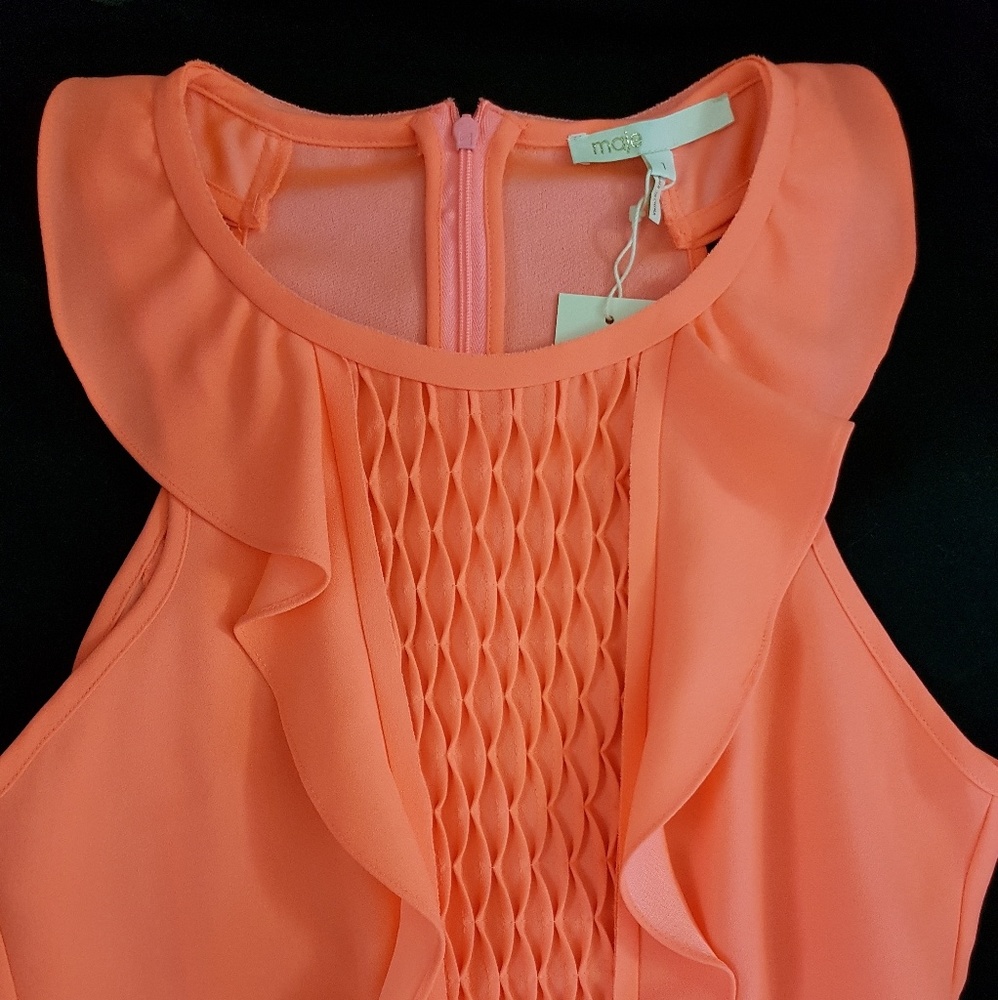 MAJE Ruffle Trimmed Coral Mini Dress, Sz T1 - Picture 5 of 7